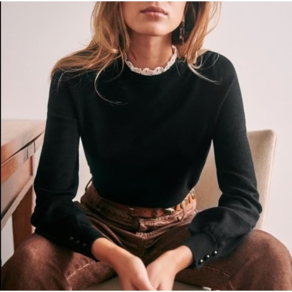 Sezane Pull Edwardo Sweater Jumper Noir Black Merino Wool Lace Collar XS